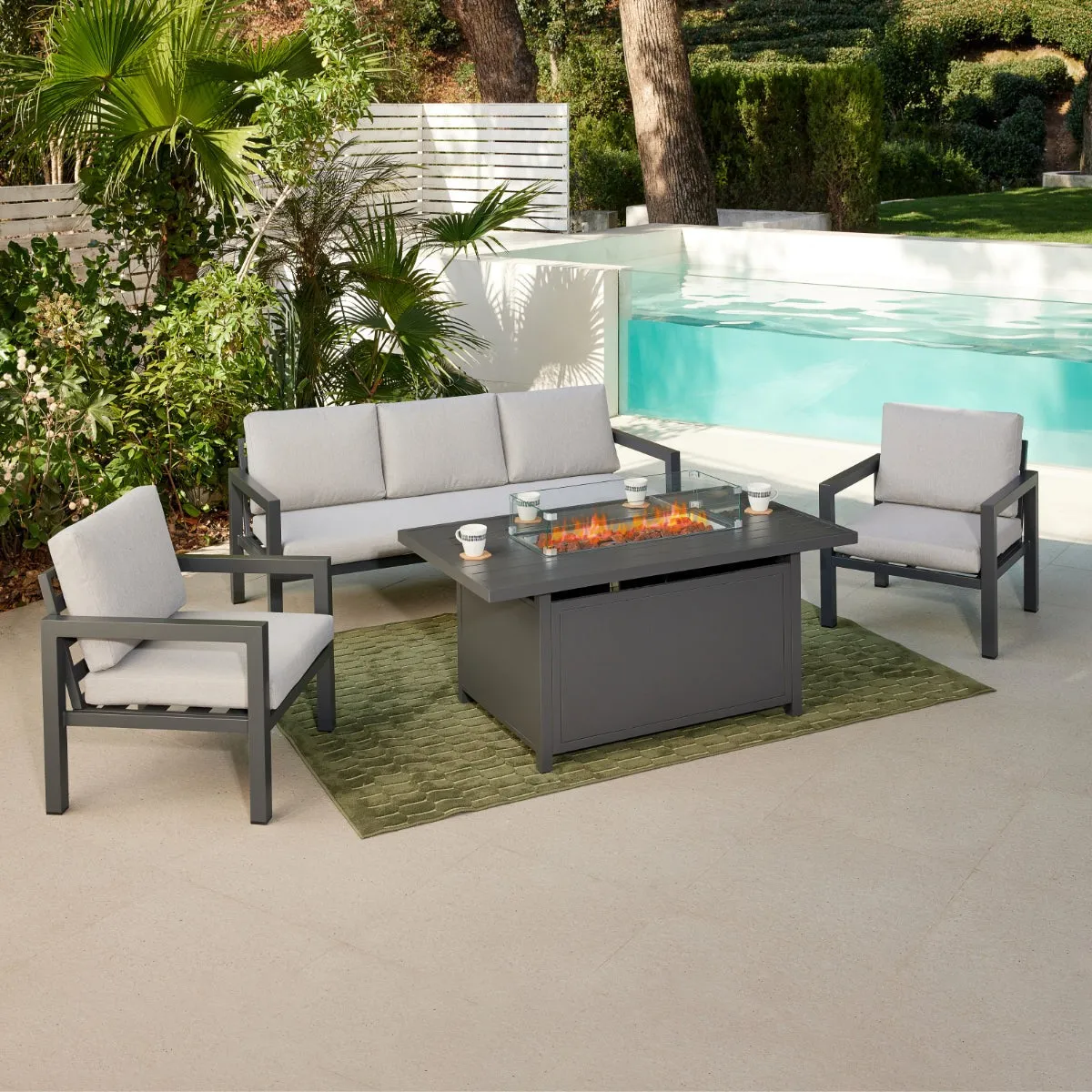 Bahia Luxury Garden Lounge Set with Fire Pit Table, Grey