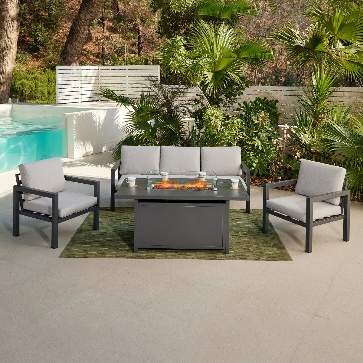 Bahia Luxury Garden Lounge Set with Fire Pit Table, Grey