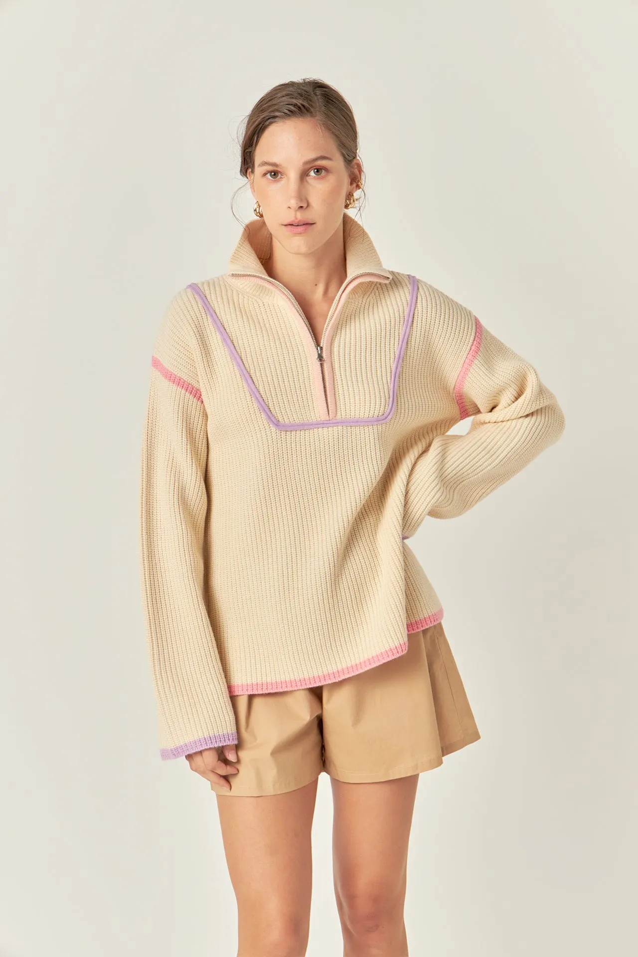 Contrast Piping Quarter-Zip Sweater