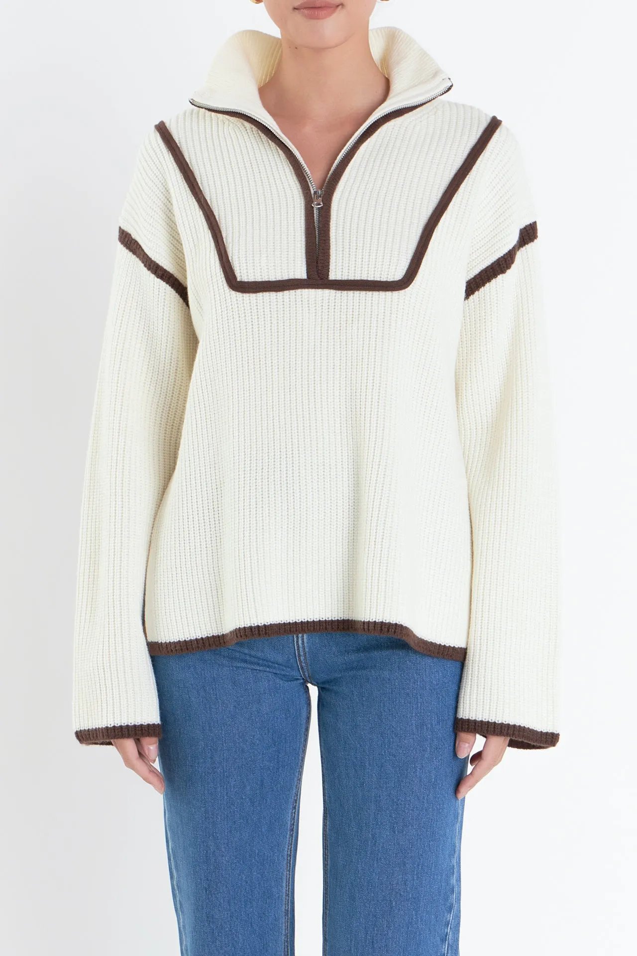 Contrast Piping Quarter-Zip Sweater