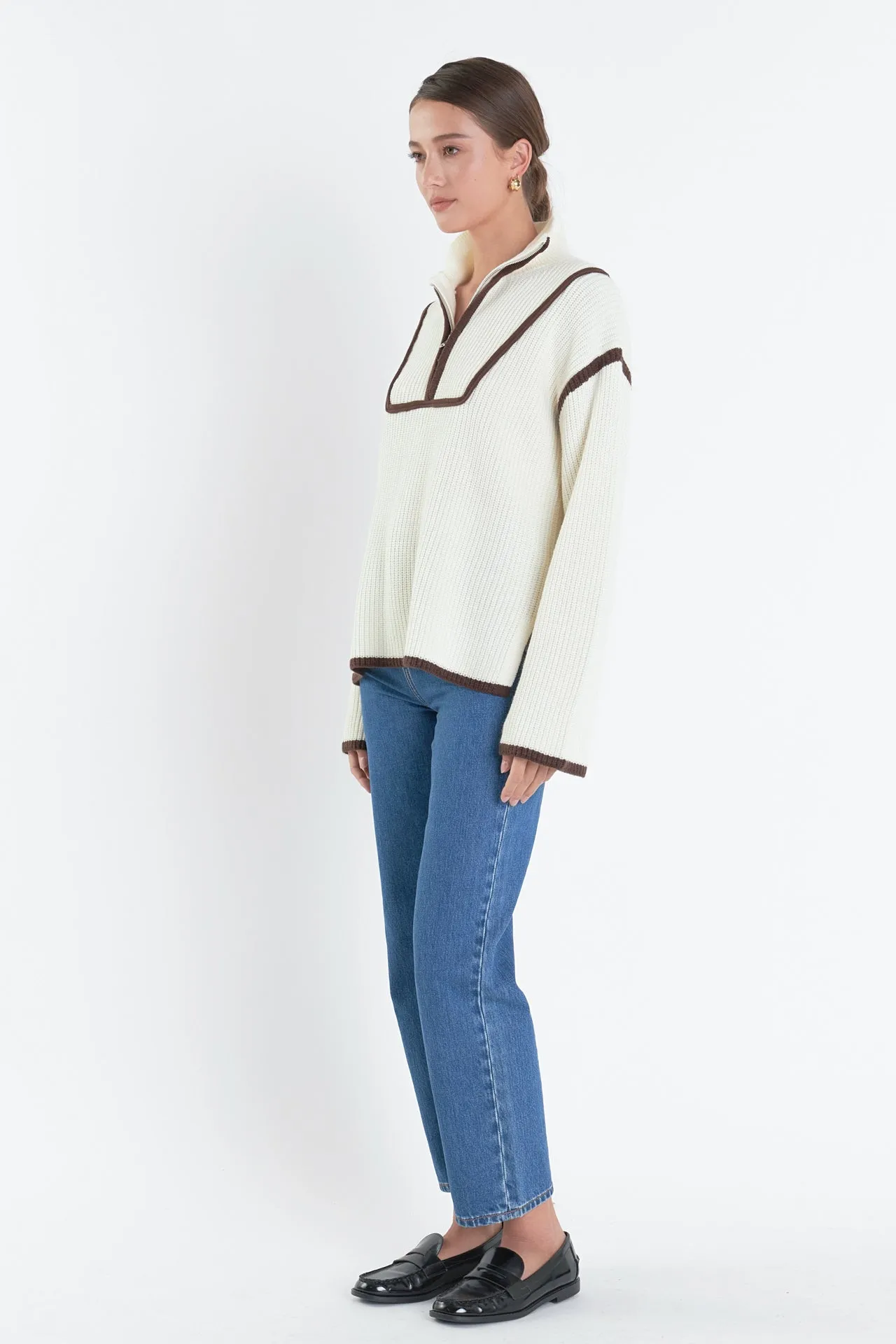 Contrast Piping Quarter-Zip Sweater