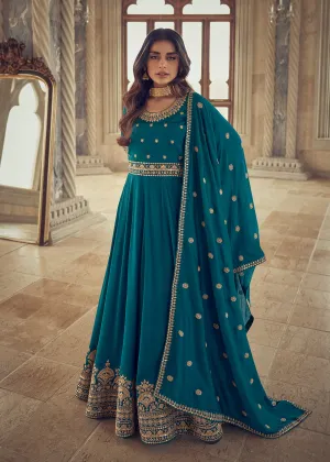 Designer Teal Blue Silk Floor Length Anarkali Suit