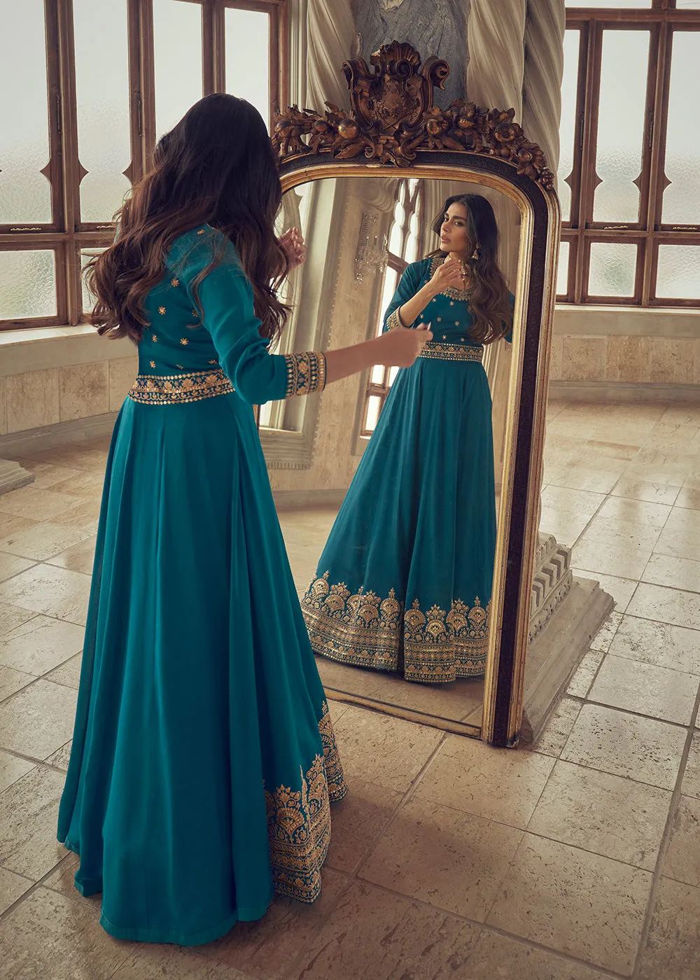 Designer Teal Blue Silk Floor Length Anarkali Suit