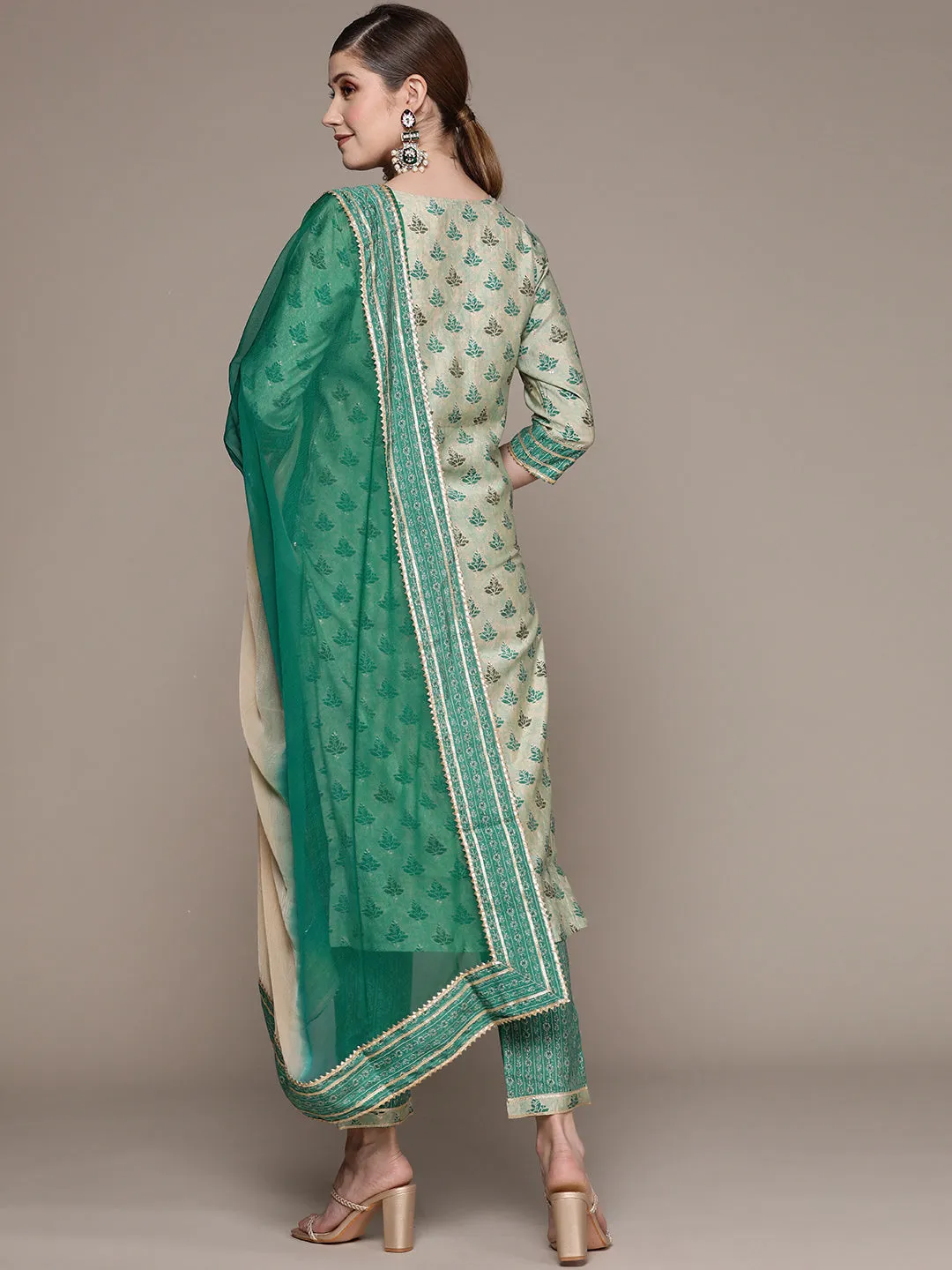 Ishin Women's Green Yoke Design A-Line Kurta with Trouser & Dupatta