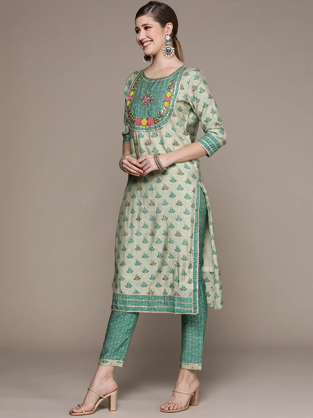 Ishin Women's Green Yoke Design A-Line Kurta with Trouser & Dupatta