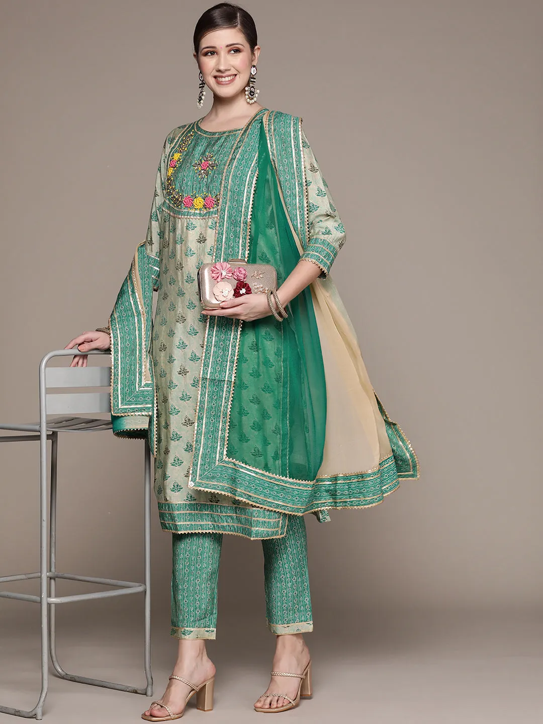 Ishin Women's Green Yoke Design A-Line Kurta with Trouser & Dupatta