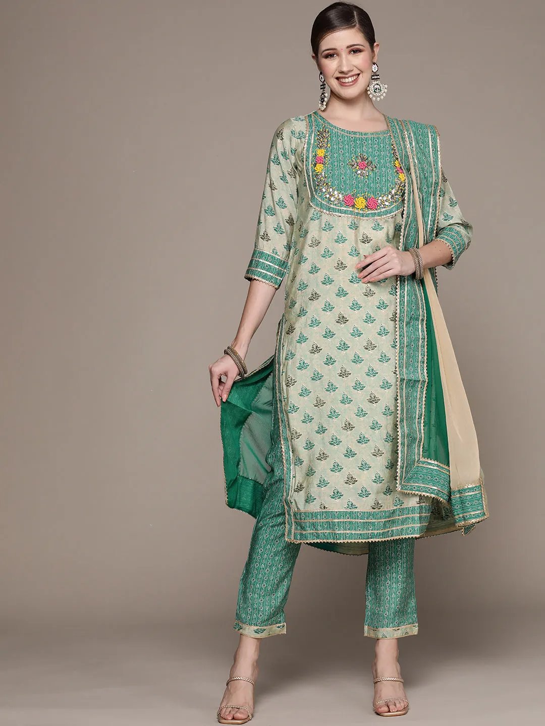 Ishin Women's Green Yoke Design A-Line Kurta with Trouser & Dupatta