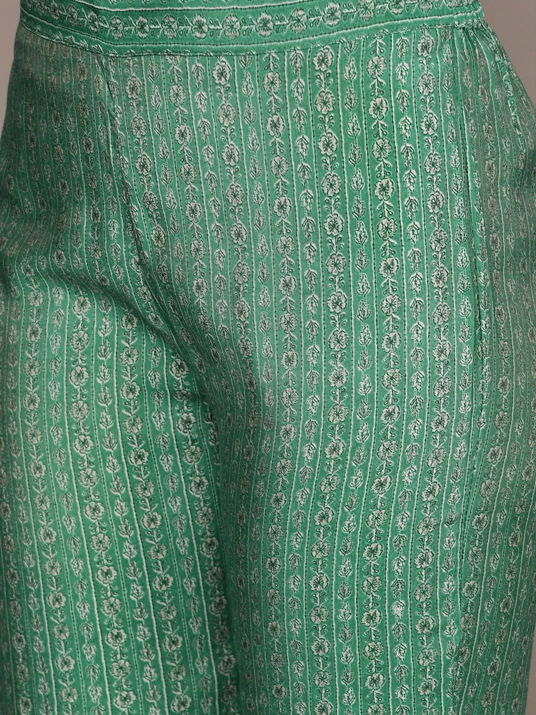 Ishin Women's Green Yoke Design A-Line Kurta with Trouser & Dupatta