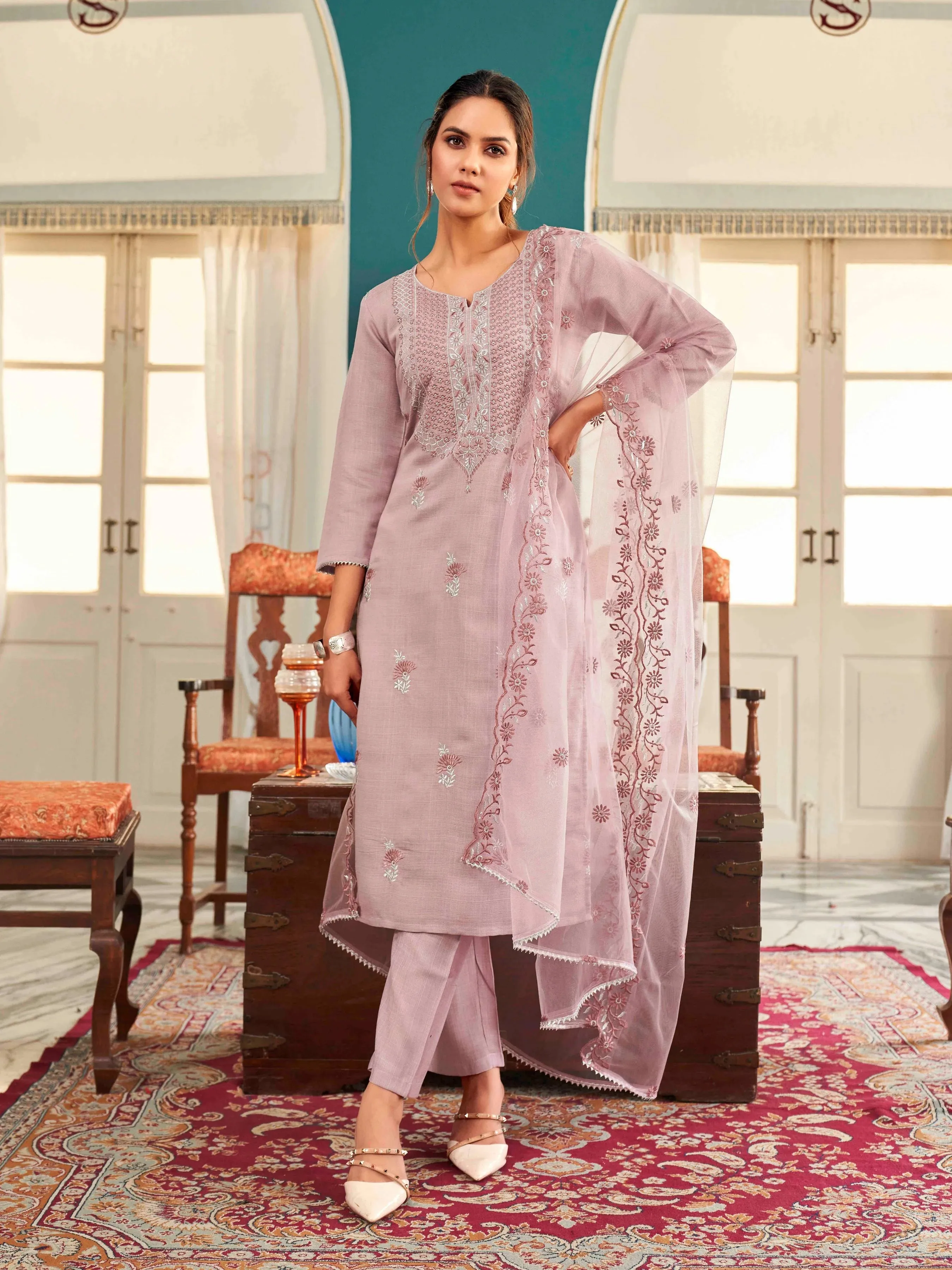 Mauve Floral Embroidered Straight Shape Suit Set with Dupatta