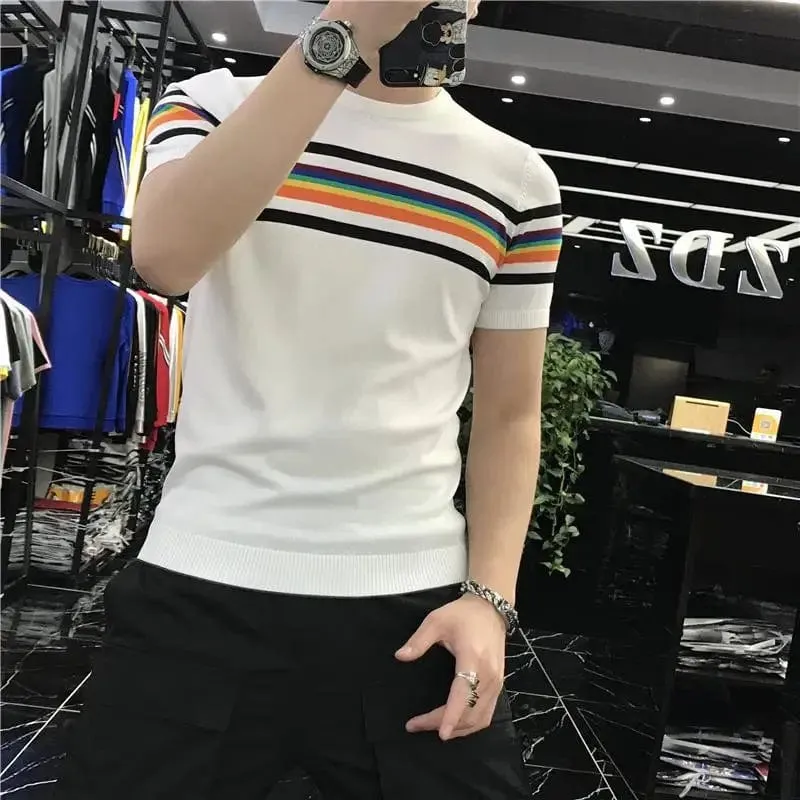 Men's Stretch Knit Patchwork Striped T-Shirt – Casual Short Sleeve O-Neck Streetwear Top