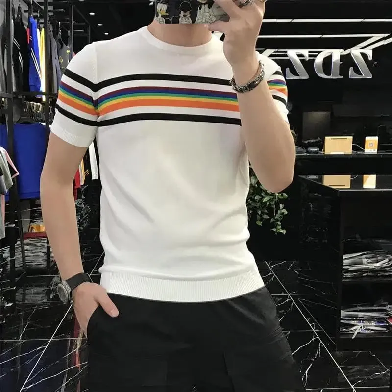 Men's Stretch Knit Patchwork Striped T-Shirt – Casual Short Sleeve O-Neck Streetwear Top