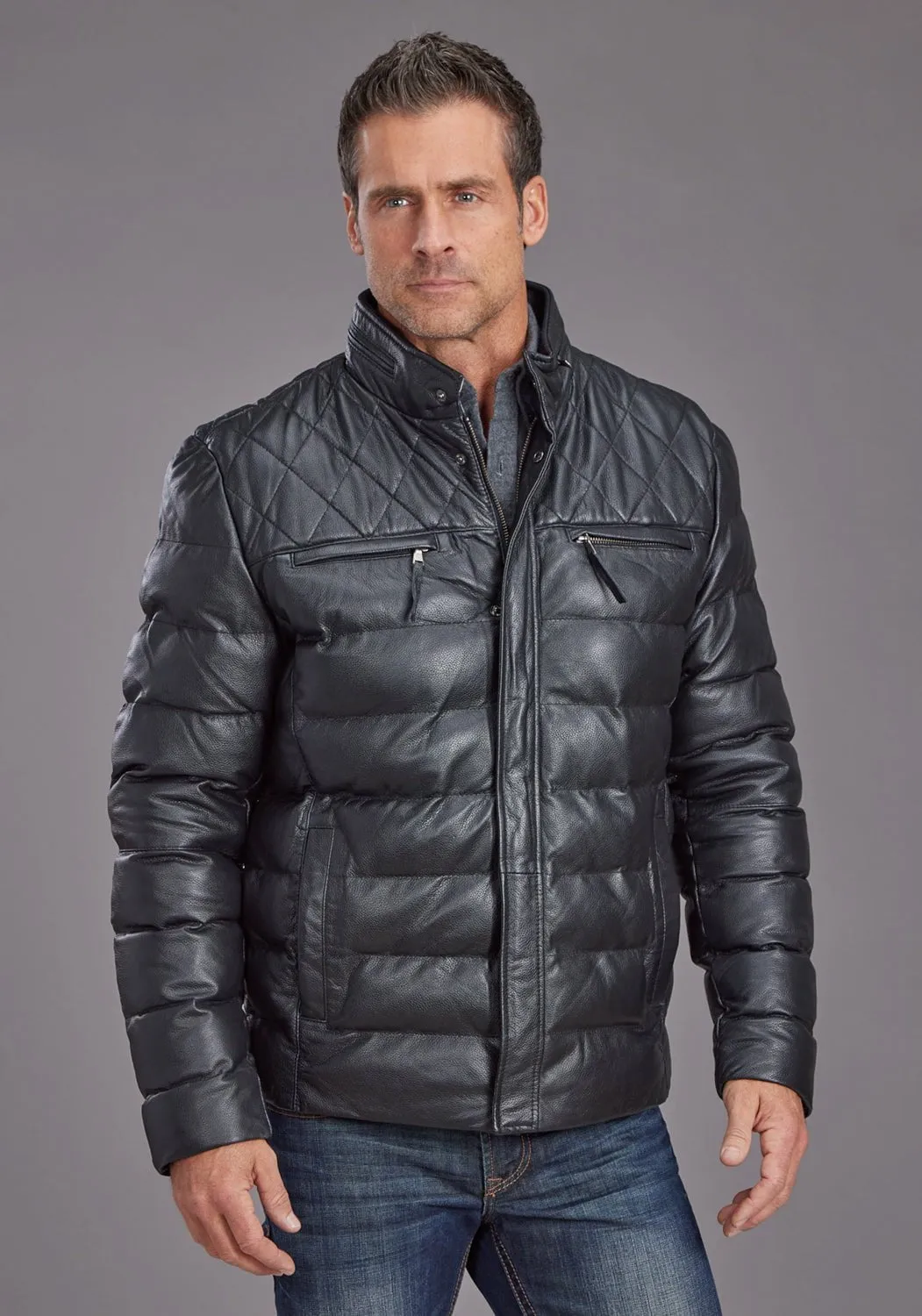 Stetson Mens Quilted Smooth Black Leather Insulated Jacket