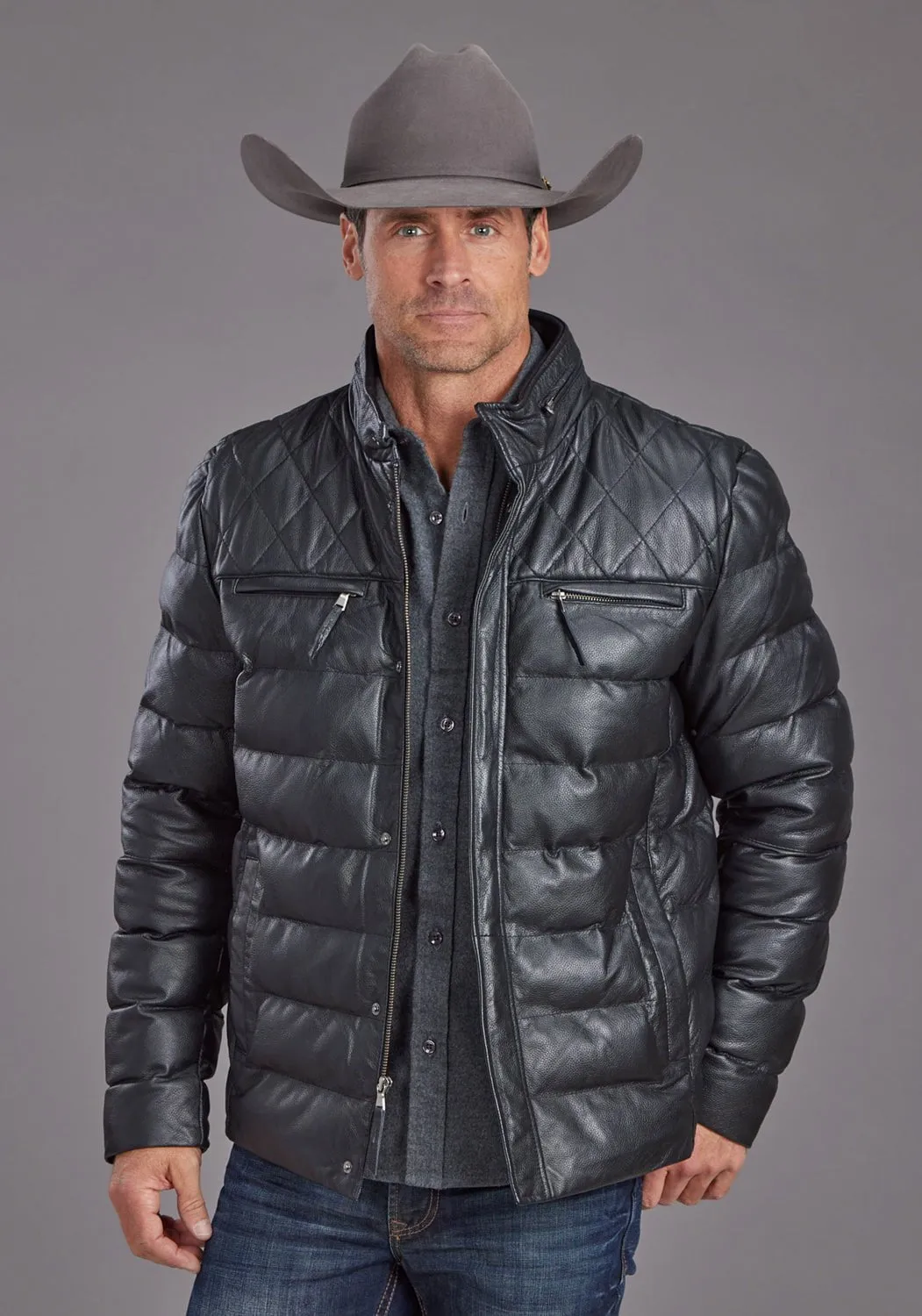 Stetson Mens Quilted Smooth Black Leather Insulated Jacket