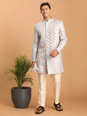 VASTRAMAY Aqua Blue Mirror Indo Western Sherwani