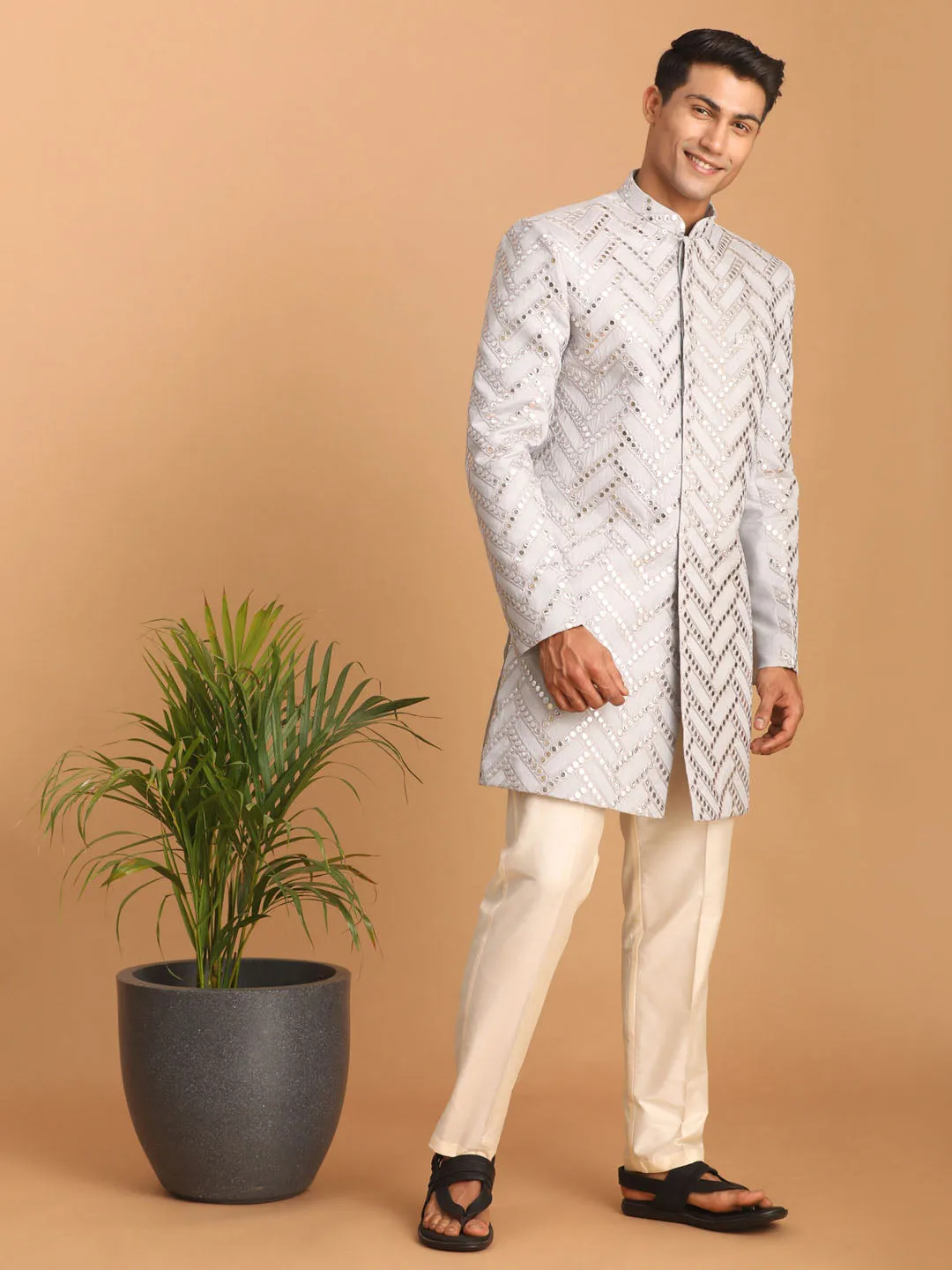 VASTRAMAY Aqua Blue Mirror Indo Western Sherwani