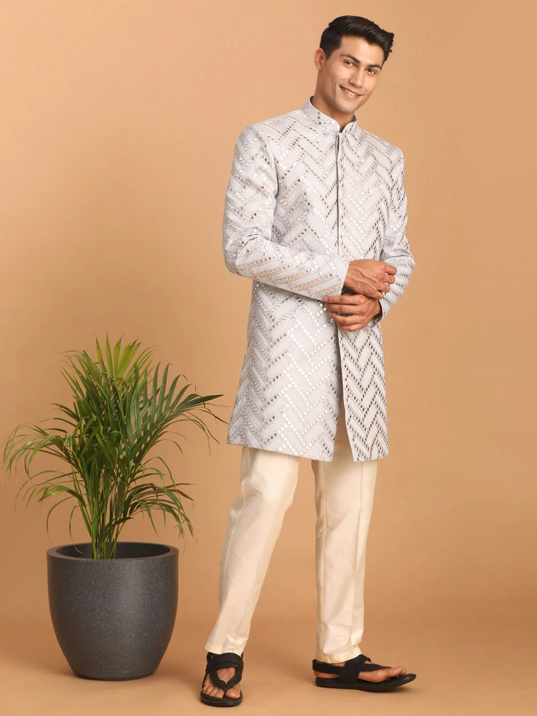 VASTRAMAY Aqua Blue Mirror Indo Western Sherwani