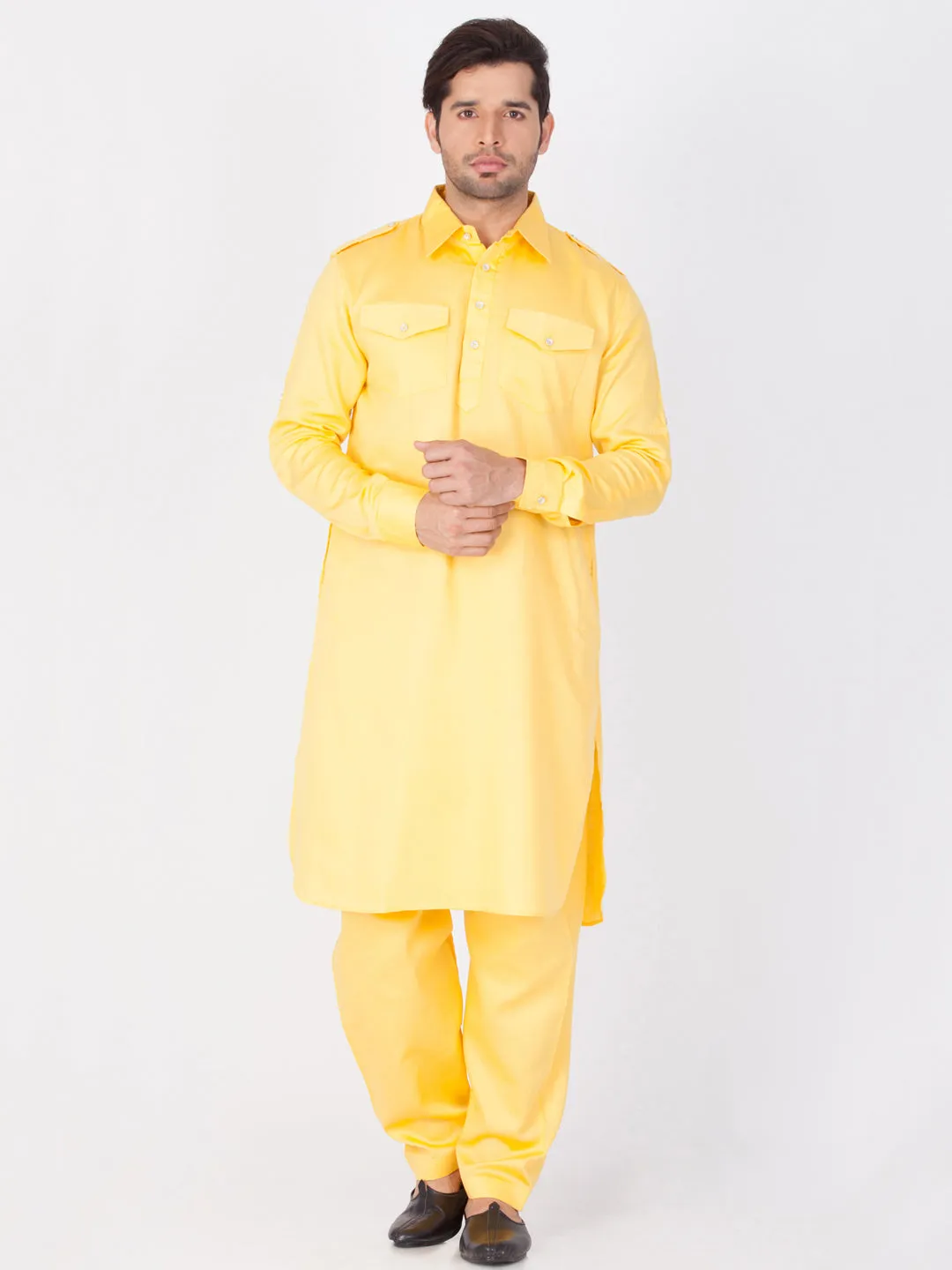 VASTRAMAY Men's Yellow Cotton Pathani Suit Set