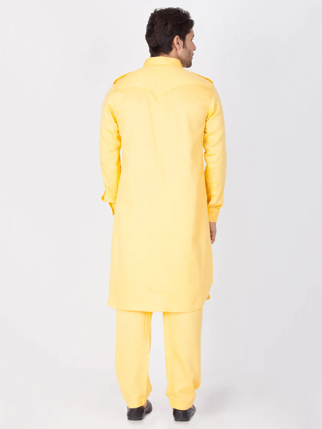 VASTRAMAY Men's Yellow Cotton Pathani Suit Set