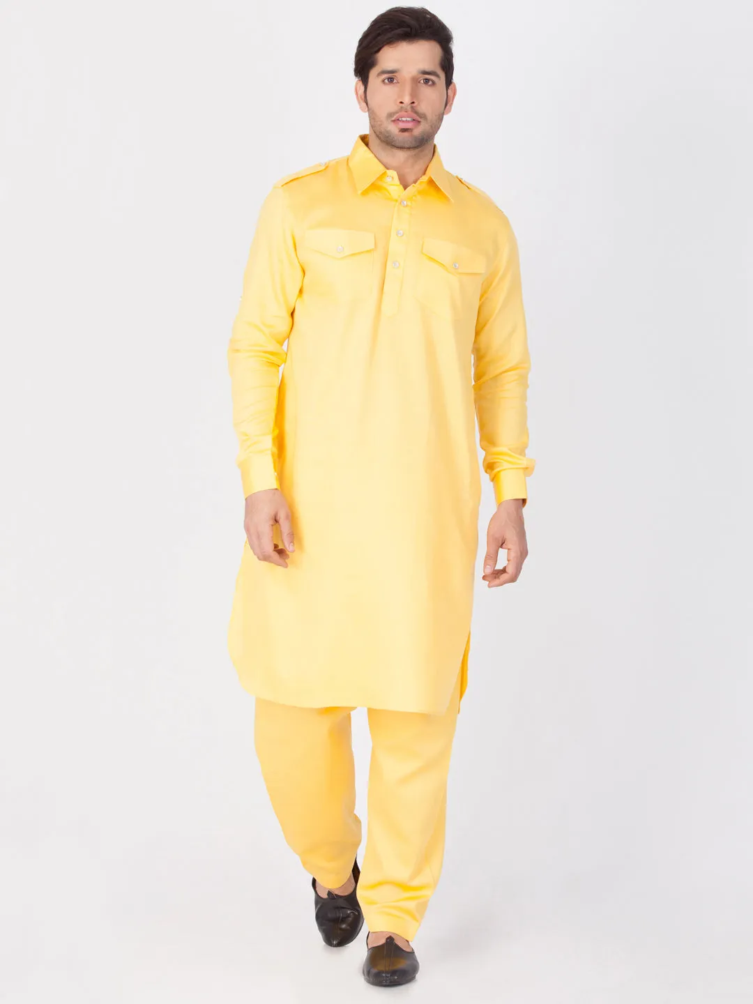 VASTRAMAY Men's Yellow Cotton Pathani Suit Set