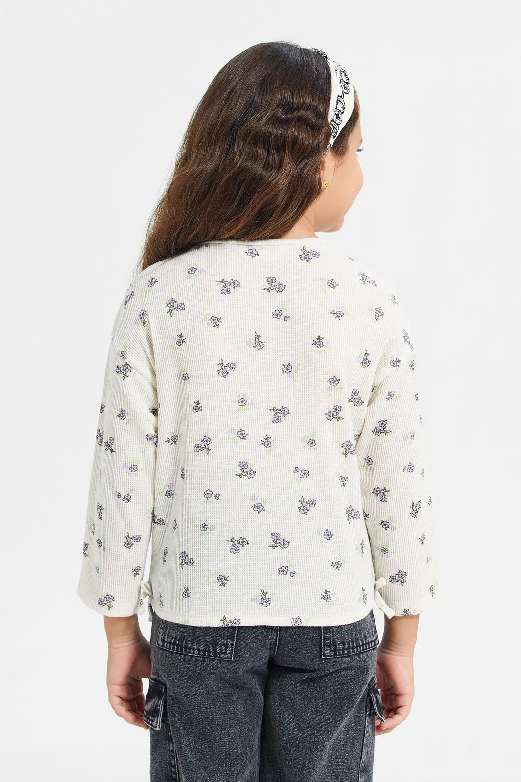 White Waffle Allover Print Jersey Top